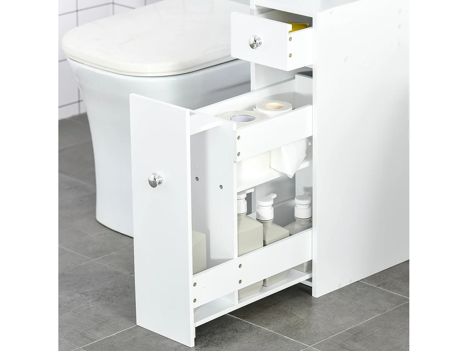 Ninemi Narrow Bathroom Floor Cabinet with Drawers White