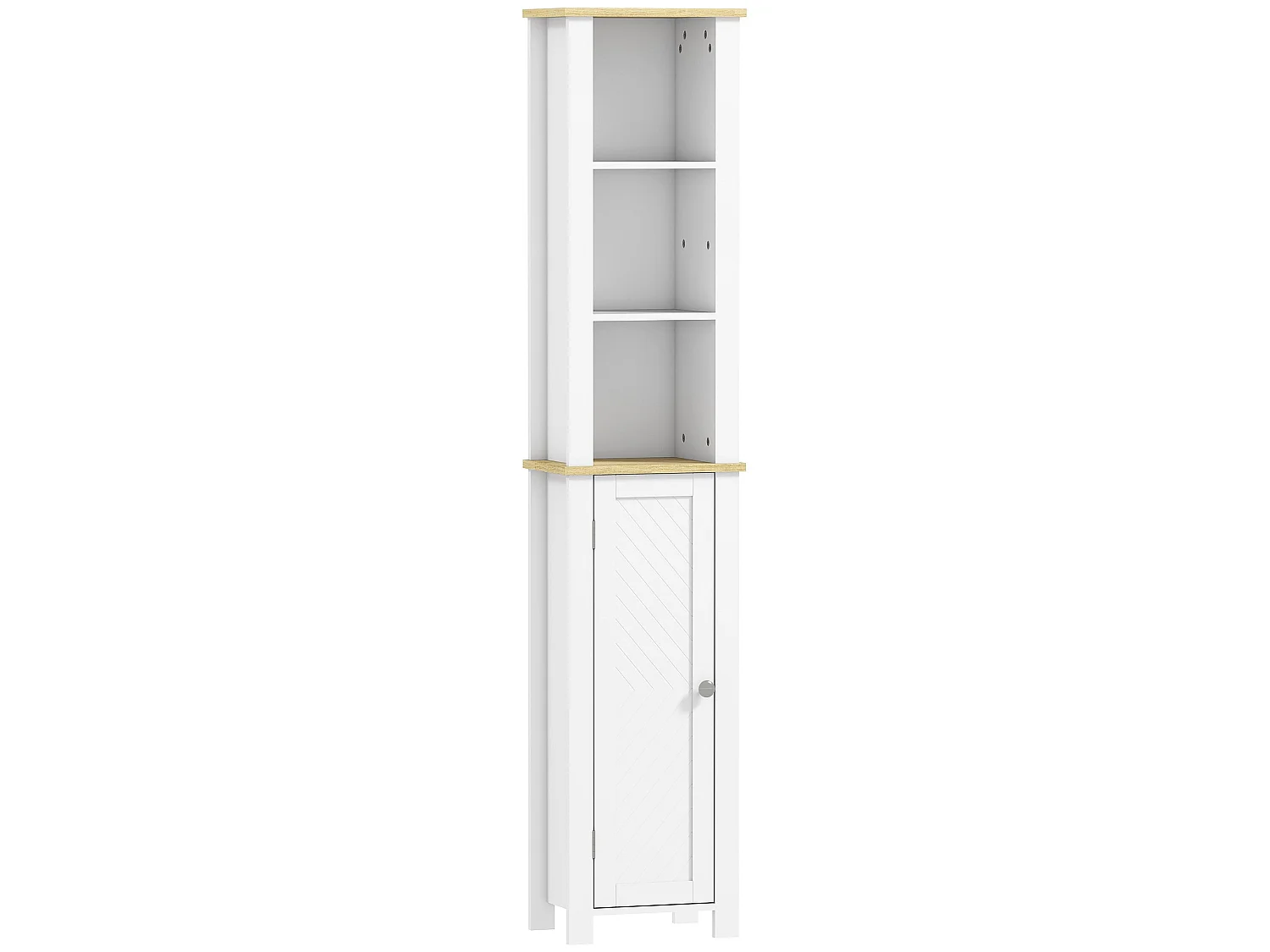 Nifael Slim White Bathroom Storage Cabinet with Wood Effect Top Adjustable Shelf 34 x 23 x 165cm