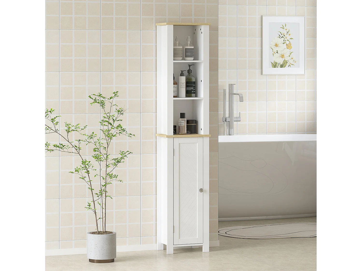 Nifael Slim White Bathroom Storage Cabinet with Wood Effect Top Adjustable Shelf 34 x 23 x 165cm