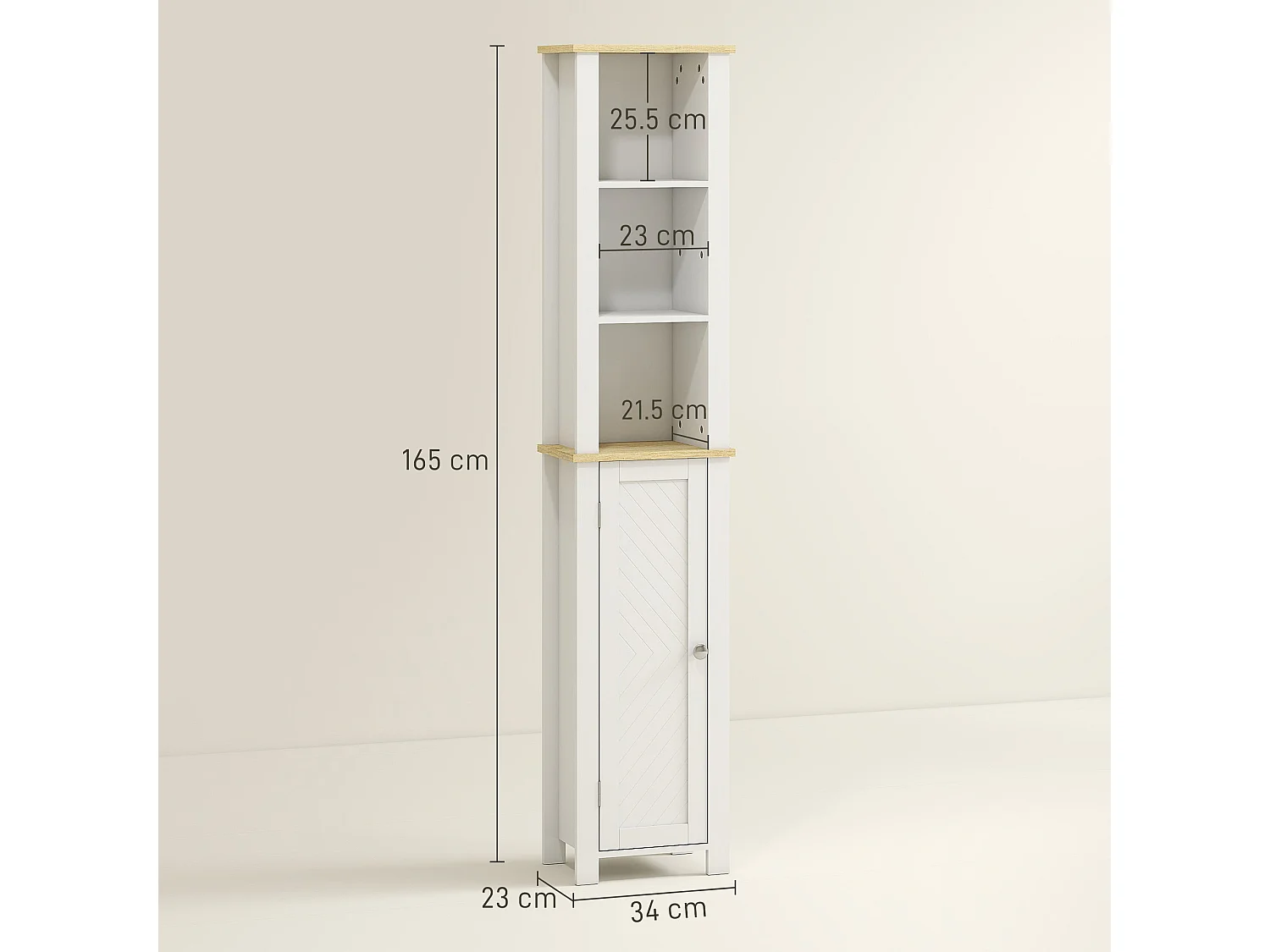 Nifael Slim White Bathroom Storage Cabinet with Wood Effect Top Adjustable Shelf 34 x 23 x 165cm