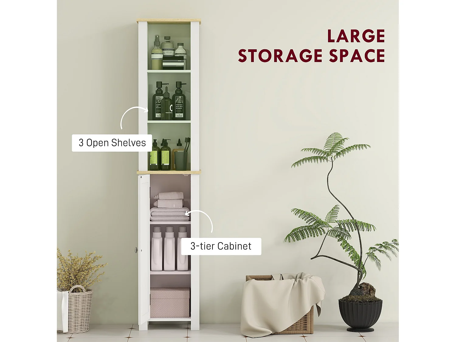 Nifael Slim White Bathroom Storage Cabinet with Wood Effect Top Adjustable Shelf 34 x 23 x 165cm