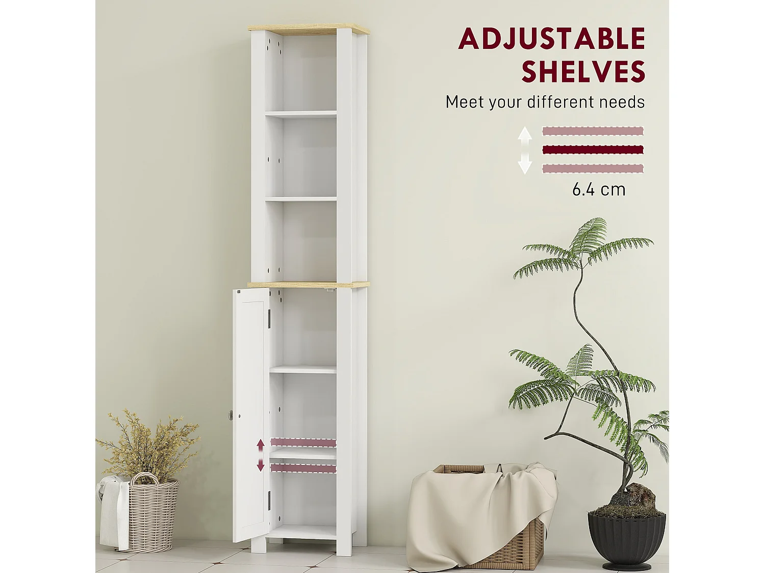 Nifael Slim White Bathroom Storage Cabinet with Wood Effect Top Adjustable Shelf 34 x 23 x 165cm