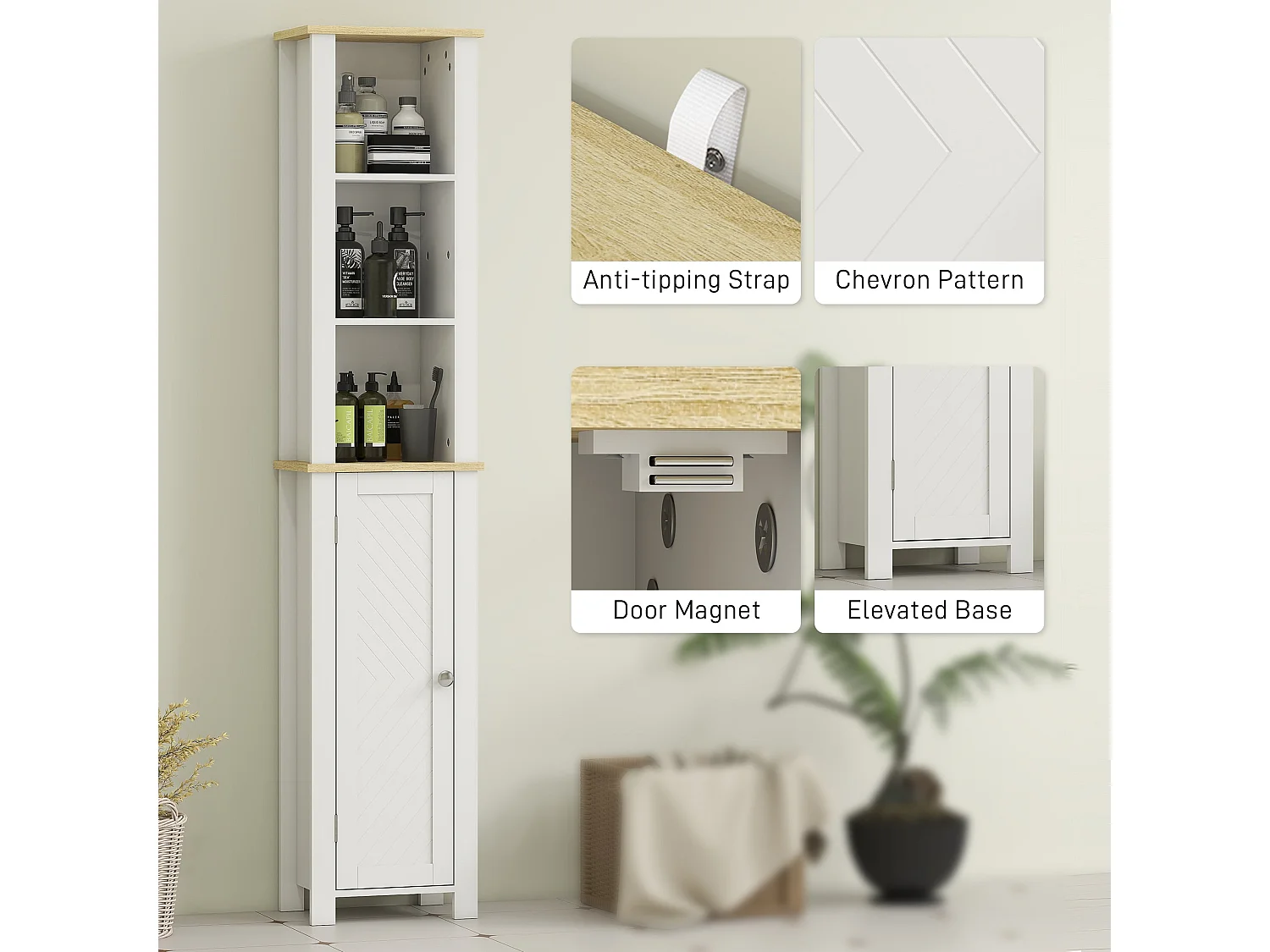 Nifael Slim White Bathroom Storage Cabinet with Wood Effect Top Adjustable Shelf 34 x 23 x 165cm