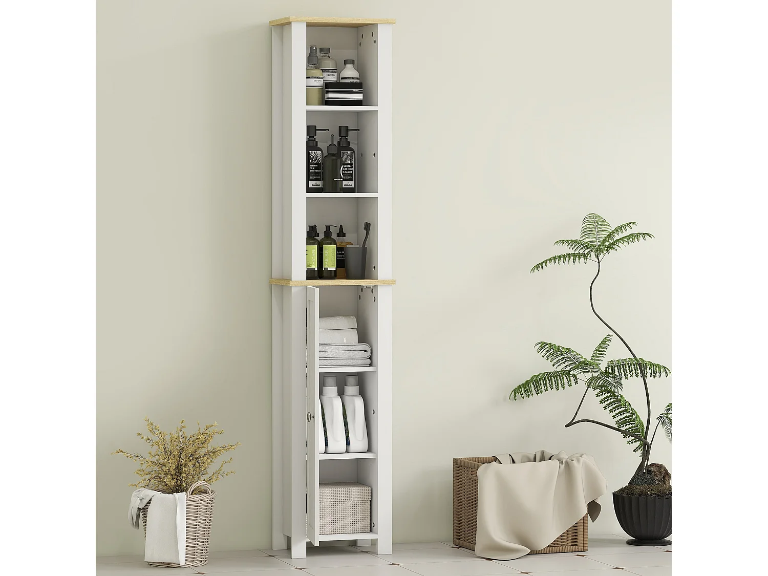 Nifael Slim White Bathroom Storage Cabinet with Wood Effect Top Adjustable Shelf 34 x 23 x 165cm
