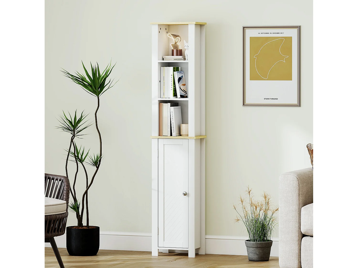 Nifael Slim White Bathroom Storage Cabinet with Wood Effect Top Adjustable Shelf 34 x 23 x 165cm