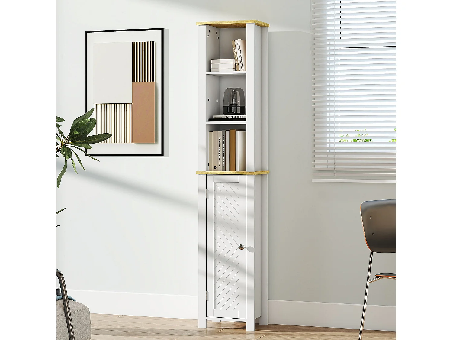 Nifael Slim White Bathroom Storage Cabinet with Wood Effect Top Adjustable Shelf 34 x 23 x 165cm