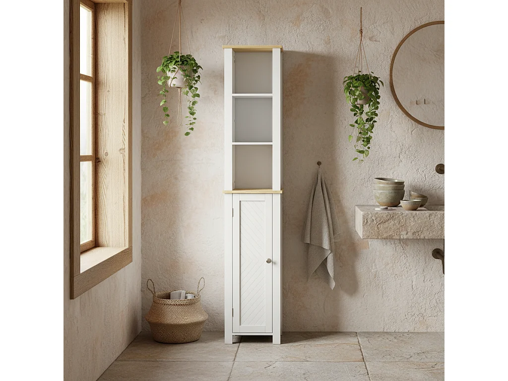 Nifael Slim White Bathroom Storage Cabinet with Wood Effect Top Adjustable Shelf 34 x 23 x 165cm