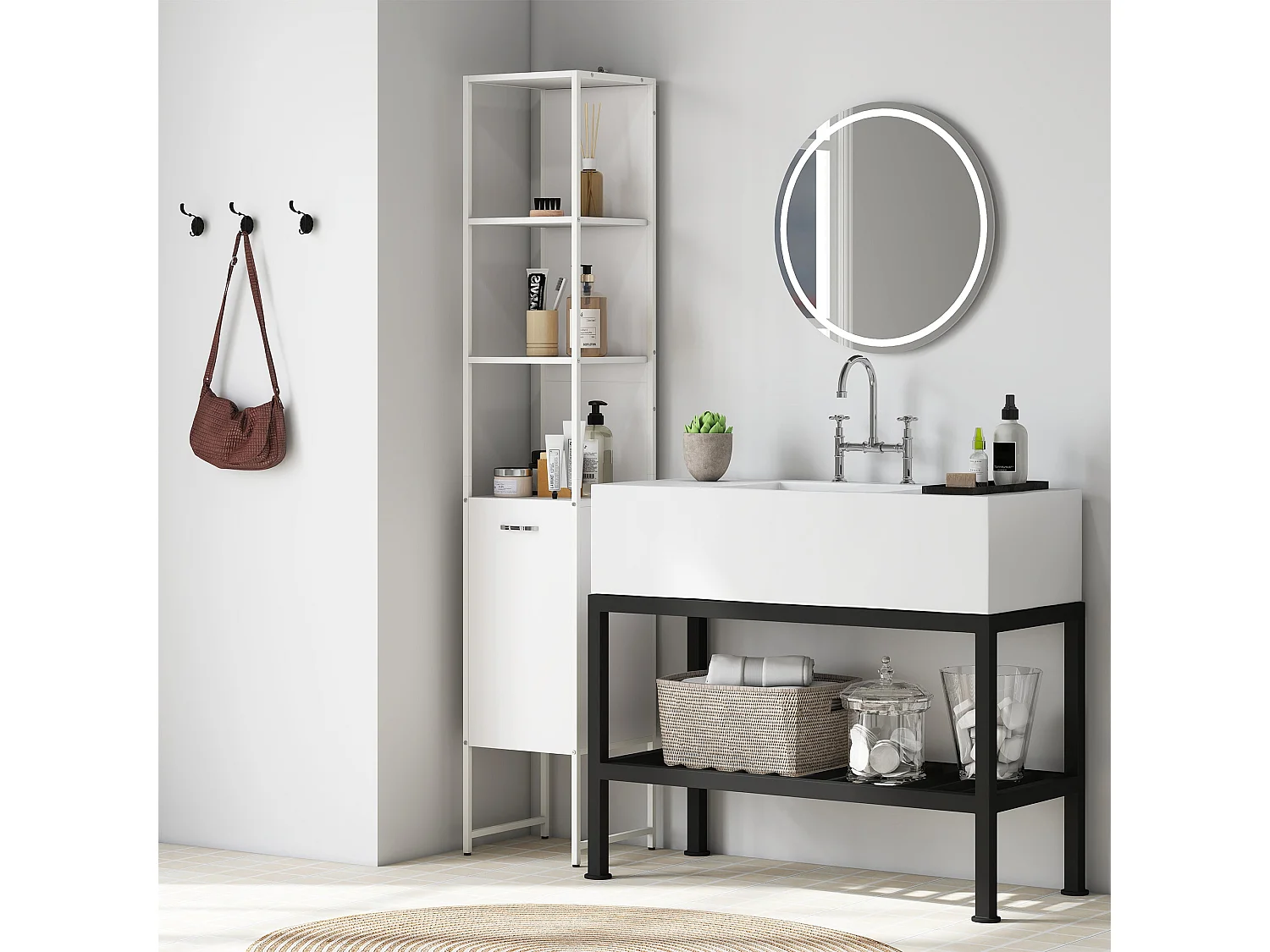 Neliha Tall White Bathroom Cabinet Slim Storage with Open Shelves and Adjustable Interior