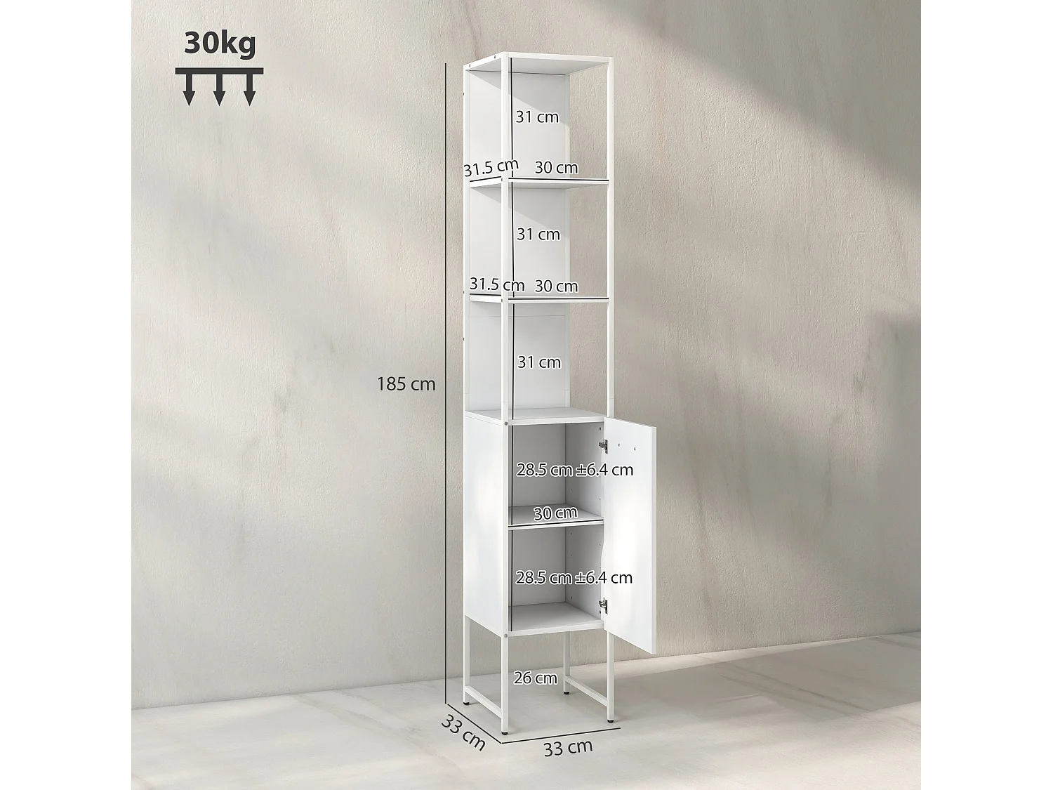 Neliha Tall White Bathroom Cabinet Slim Storage with Open Shelves and Adjustable Interior