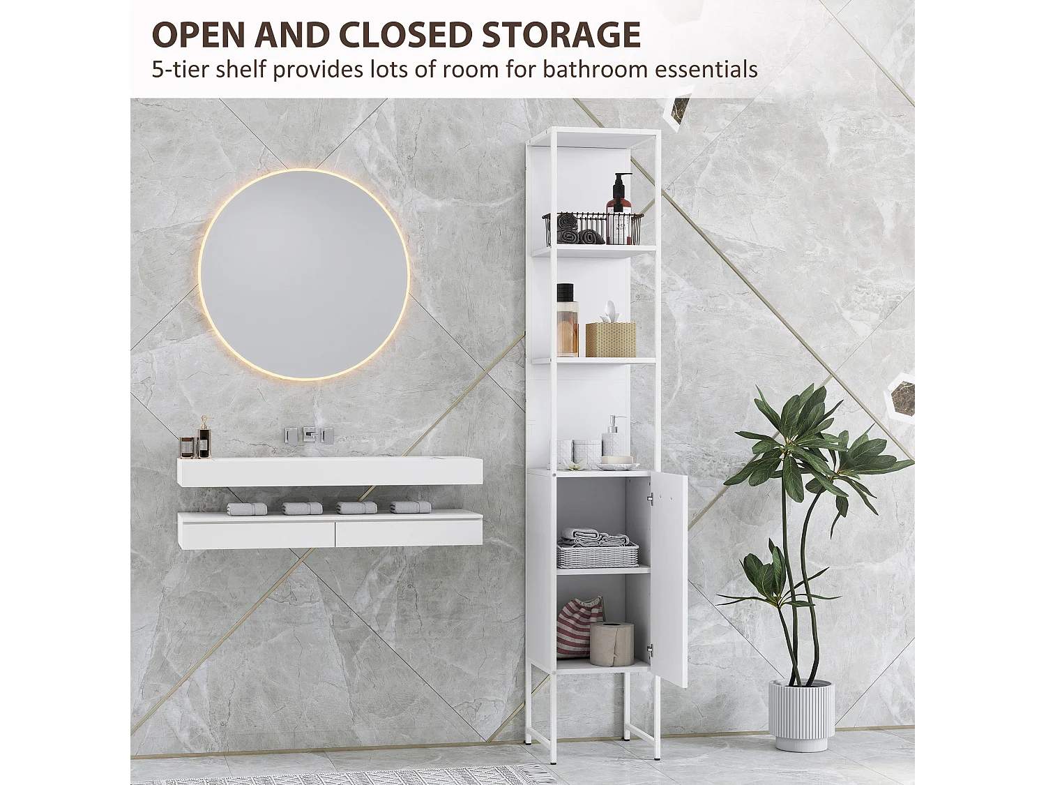 Neliha Tall White Bathroom Cabinet Slim Storage with Open Shelves and Adjustable Interior