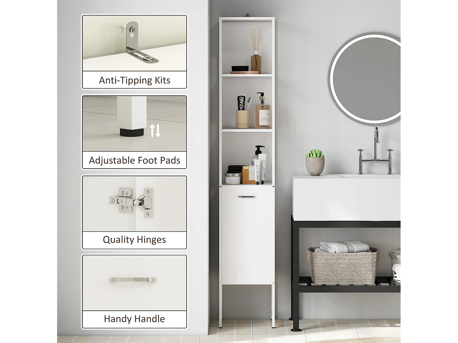 Neliha Tall White Bathroom Cabinet Slim Storage with Open Shelves and Adjustable Interior