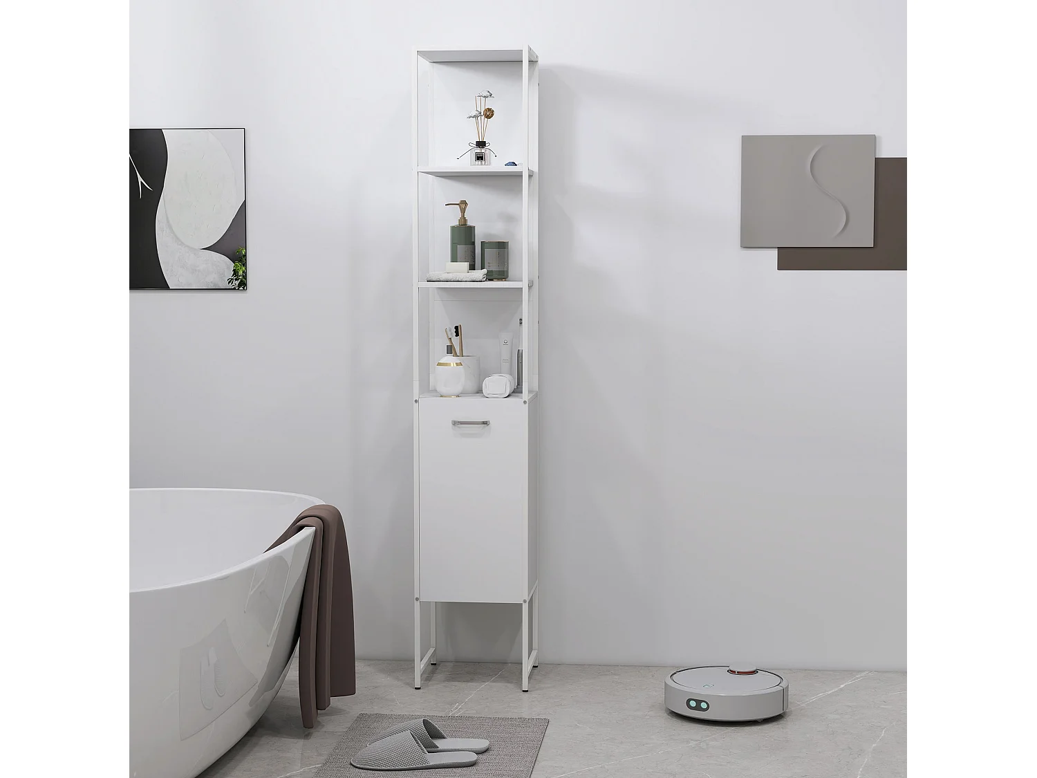 Neliha Tall White Bathroom Cabinet Slim Storage with Open Shelves and Adjustable Interior