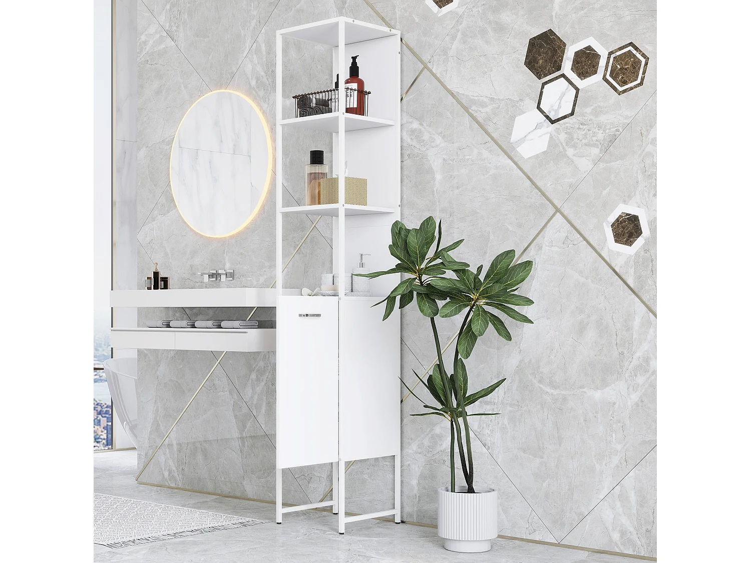 Neliha Tall White Bathroom Cabinet Slim Storage with Open Shelves and Adjustable Interior
