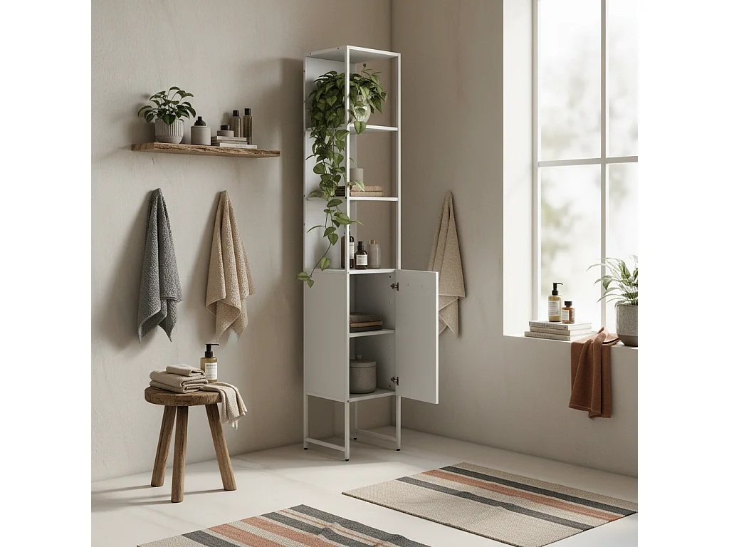 Neliha Tall White Bathroom Cabinet Slim Storage with Open Shelves and Adjustable Interior