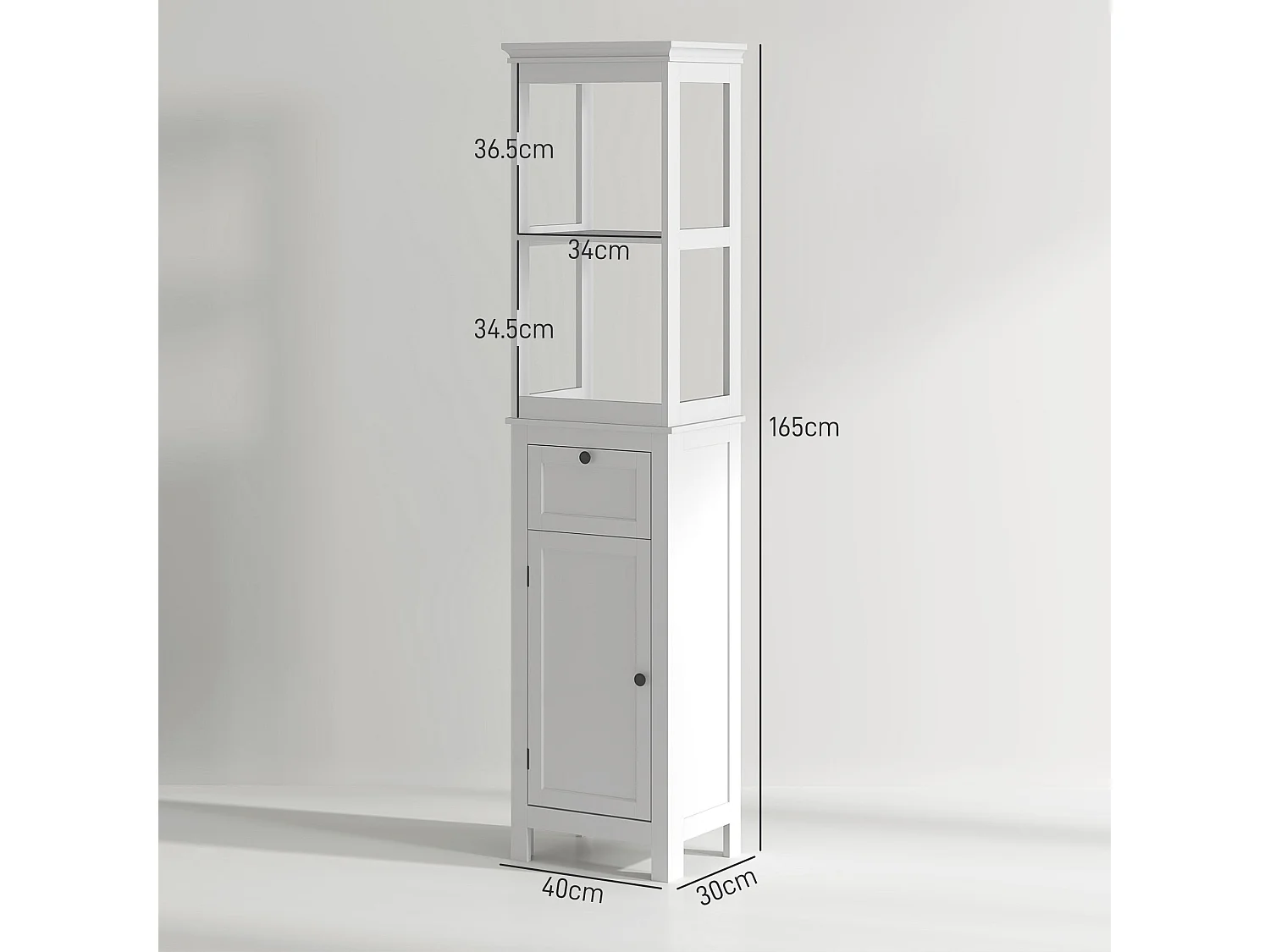 Ralo Tall Slim Bathroom Storage Cabinet White Slim MDF Unit with Open Shelves Drawer and Soft Close Doors