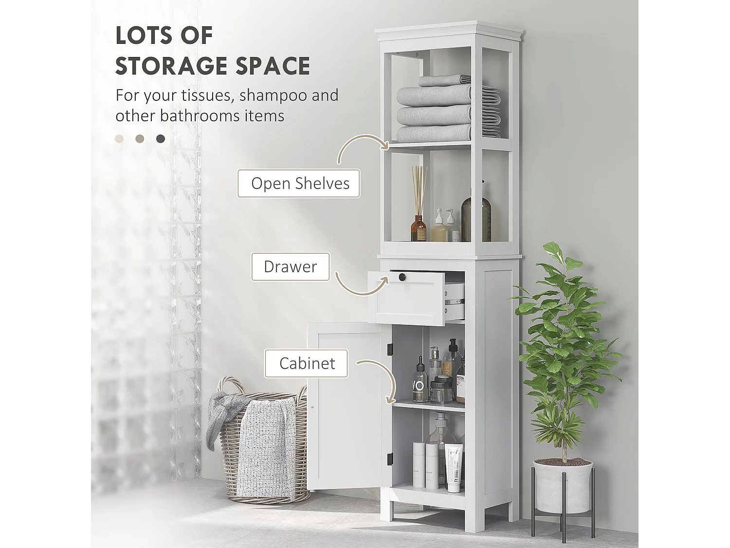 Ralo Tall Slim Bathroom Storage Cabinet White Slim MDF Unit with Open Shelves Drawer and Soft Close Doors