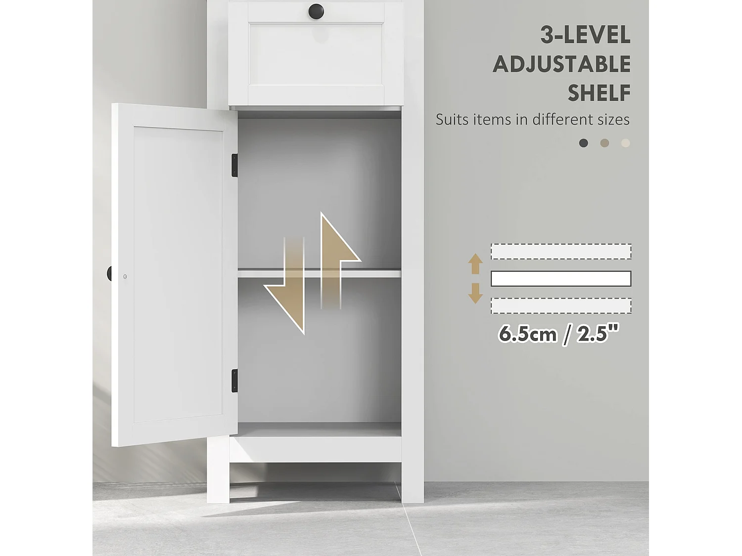 Ralo Tall Slim Bathroom Storage Cabinet White Slim MDF Unit with Open Shelves Drawer and Soft Close Doors