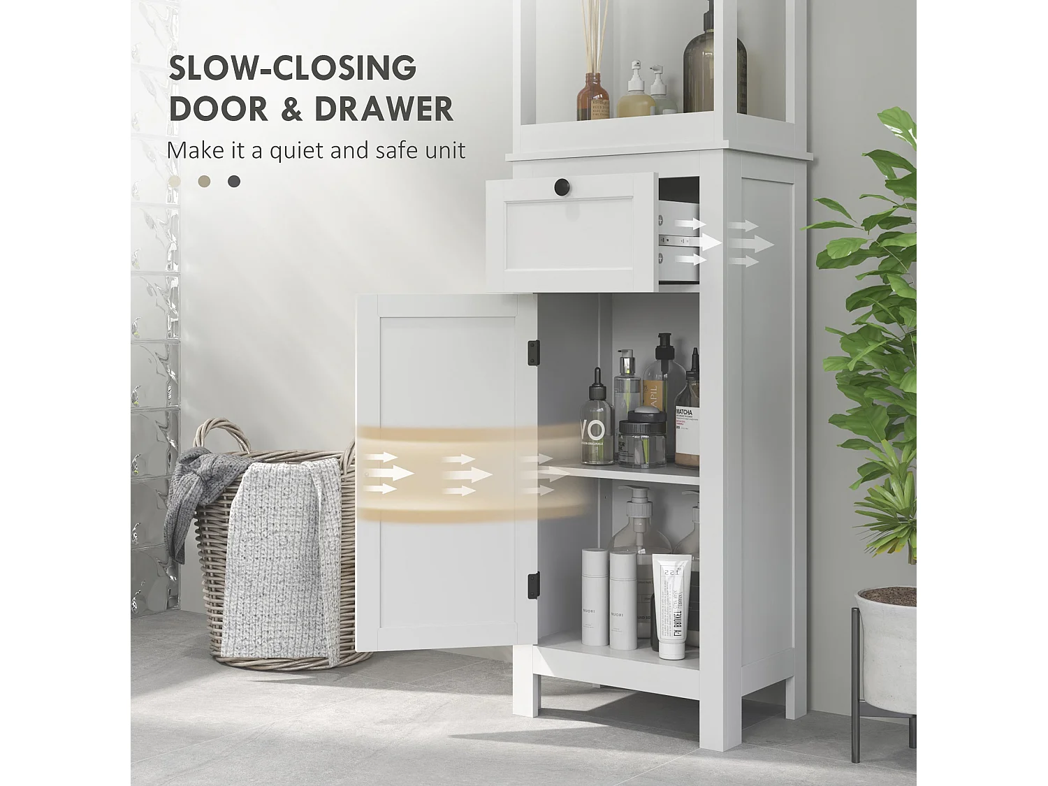 Ralo Tall Slim Bathroom Storage Cabinet White Slim MDF Unit with Open Shelves Drawer and Soft Close Doors