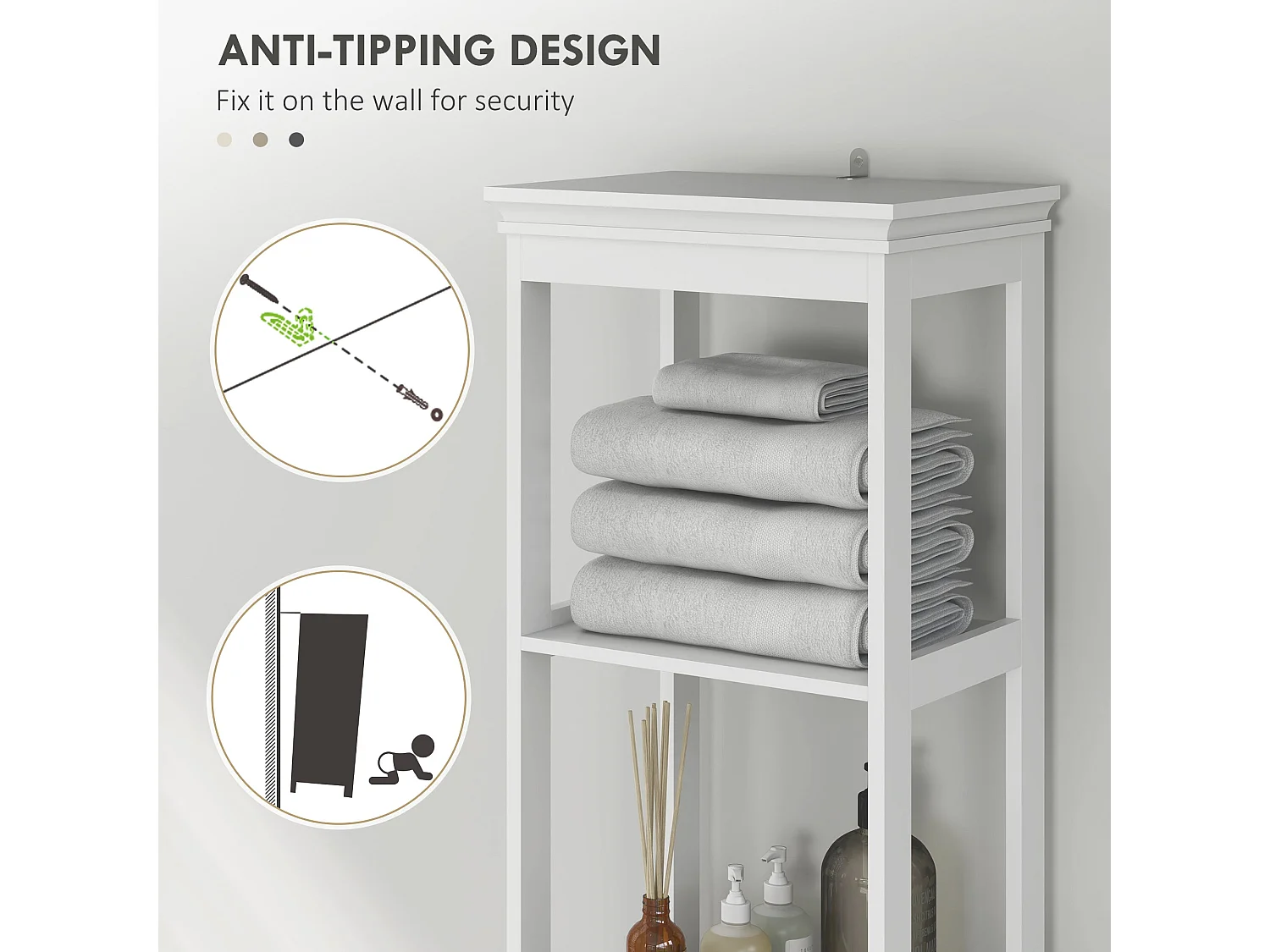 Ralo Tall Slim Bathroom Storage Cabinet White Slim MDF Unit with Open Shelves Drawer and Soft Close Doors