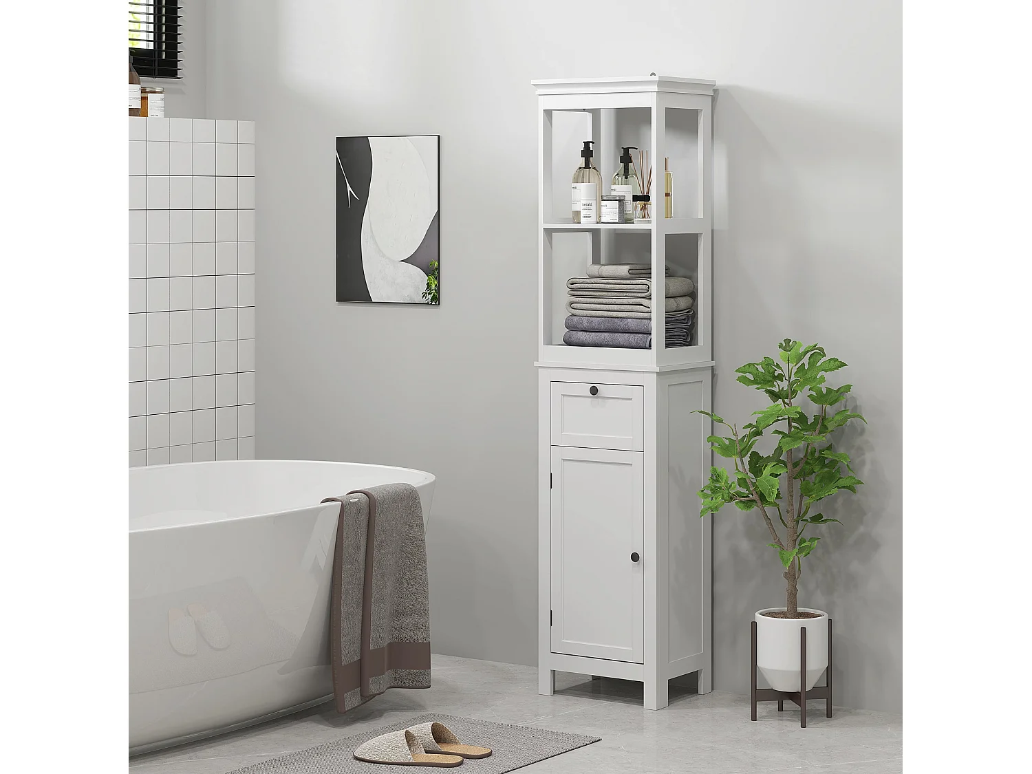 Ralo Tall Slim Bathroom Storage Cabinet White Slim MDF Unit with Open Shelves Drawer and Soft Close Doors