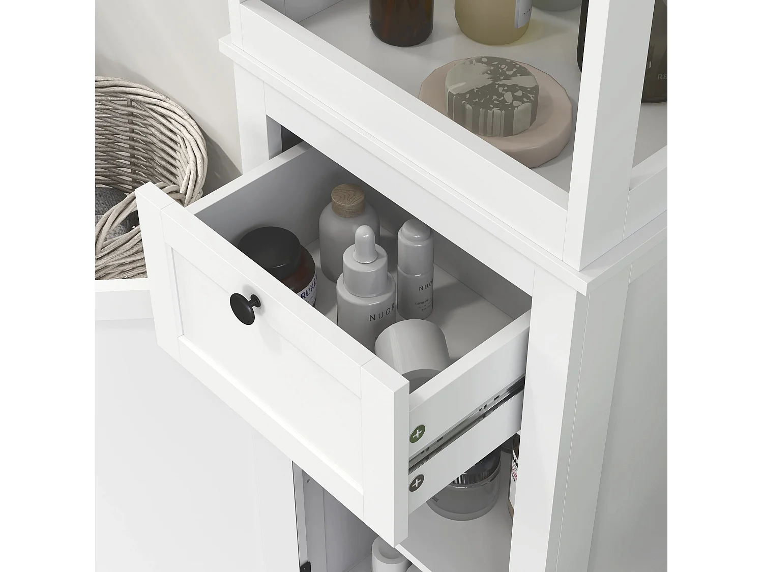 Ralo Tall Slim Bathroom Storage Cabinet White Slim MDF Unit with Open Shelves Drawer and Soft Close Doors