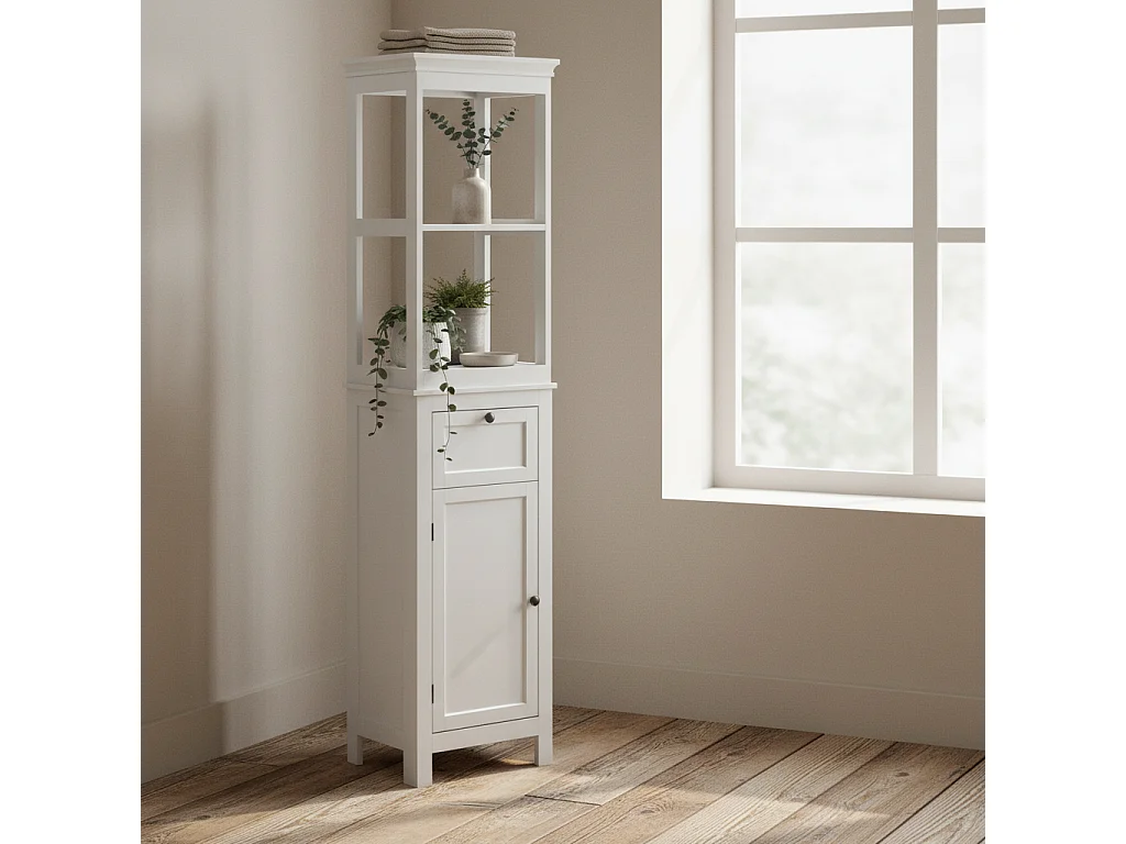 Ralo Tall Slim Bathroom Storage Cabinet White Slim MDF Unit with Open Shelves Drawer and Soft Close Doors