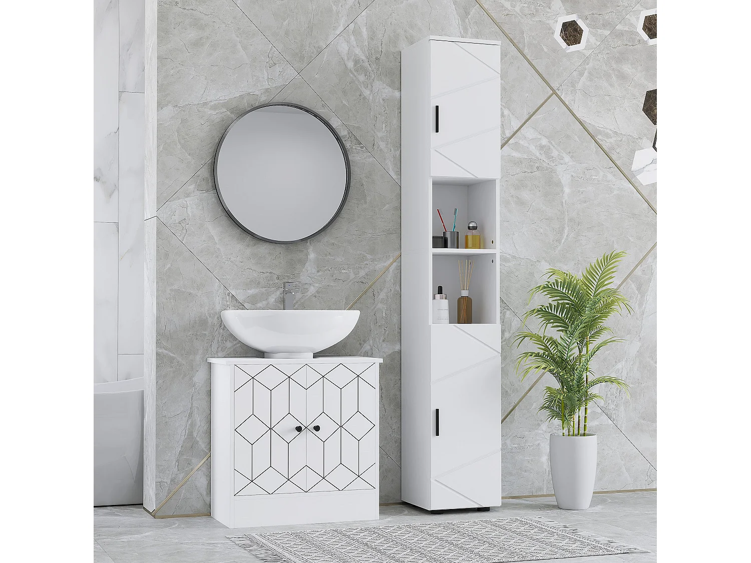 Dohifa Tall Bathroom Storage Cabinet White Embossed Front Adjustable Shelves
