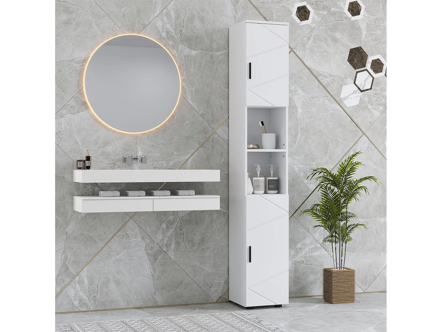 Dohifa Tall Bathroom Storage Cabinet White Embossed Front Adjustable Shelves