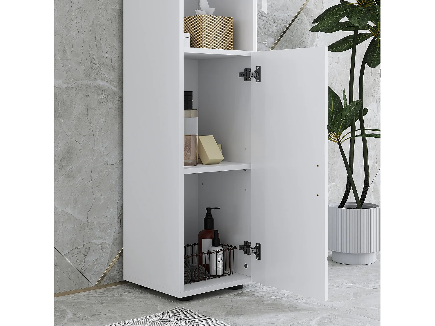 Dohifa Tall Bathroom Storage Cabinet White Embossed Front Adjustable Shelves