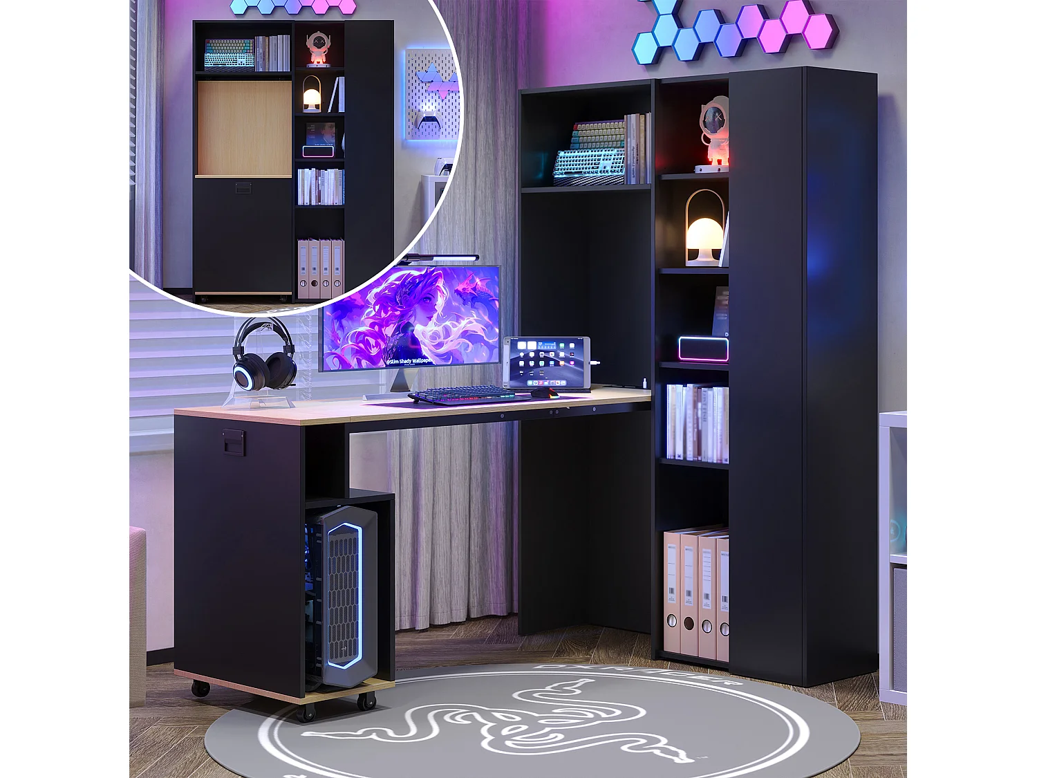 Bureau d'angle pliable et mobile - Bibliothèque et bureau - avec prise électrique et port USB - Étagères réglables - Noir