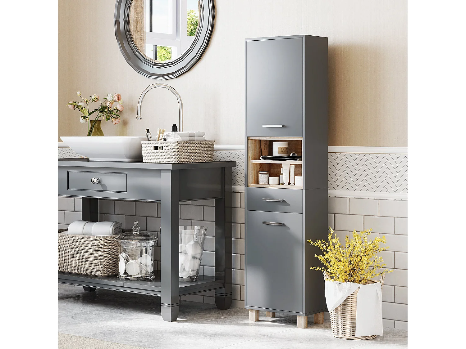 Suna Tall Bathroom Cabinet Matte Grey Moisture Resistant MDF Wood Effect Shelves