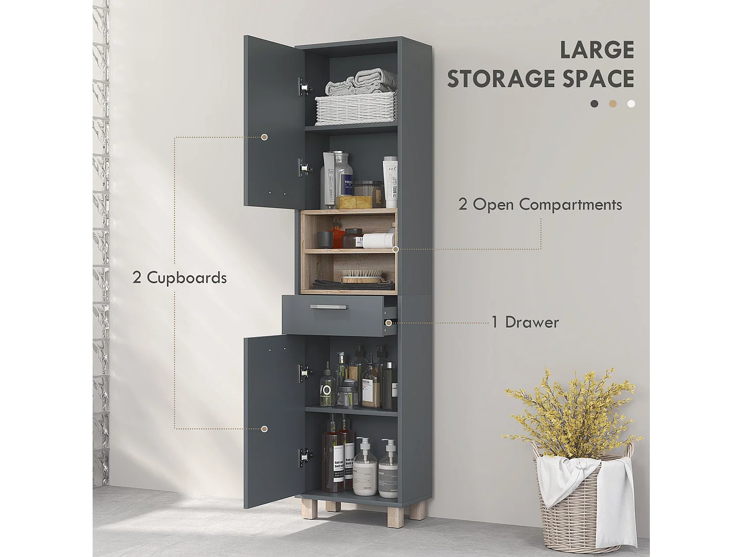 Suna Tall Bathroom Cabinet Matte Grey Moisture Resistant MDF Wood Effect Shelves