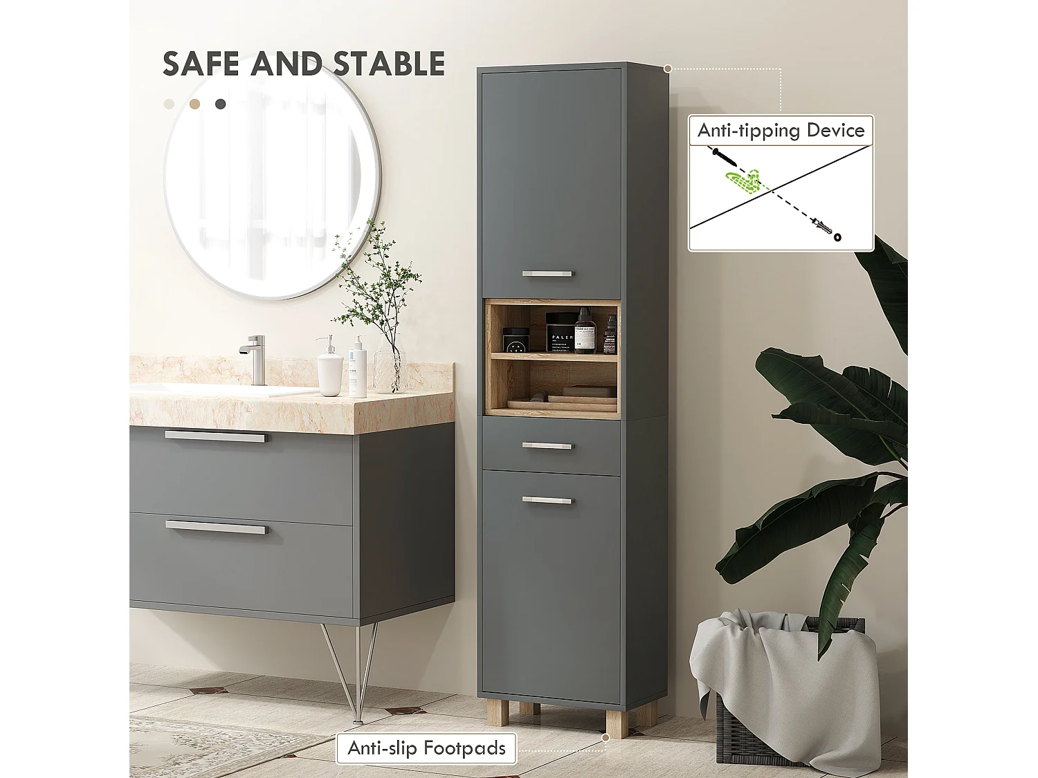 Suna Tall Bathroom Cabinet Matte Grey Moisture Resistant MDF Wood Effect Shelves