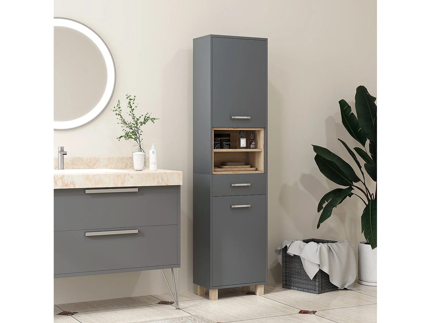 Suna Tall Bathroom Cabinet Matte Grey Moisture Resistant MDF Wood Effect Shelves