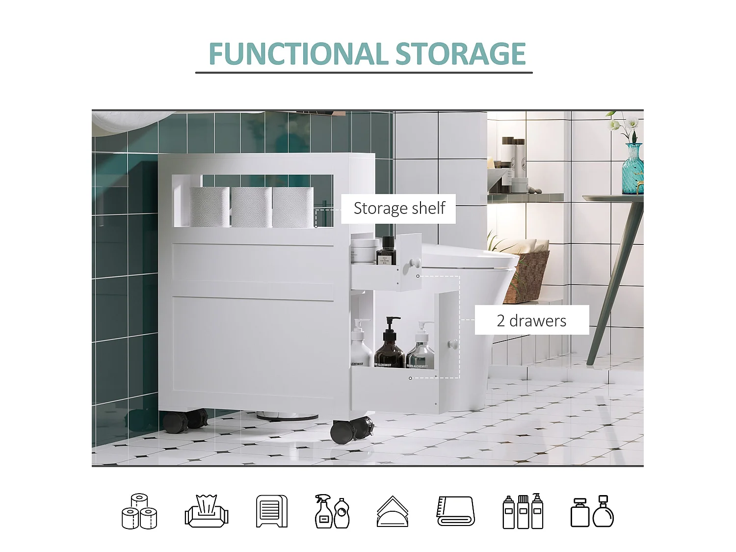 Minbalu Narrow Rolling Bathroom Storage Unit 2 Drawers Wheels White