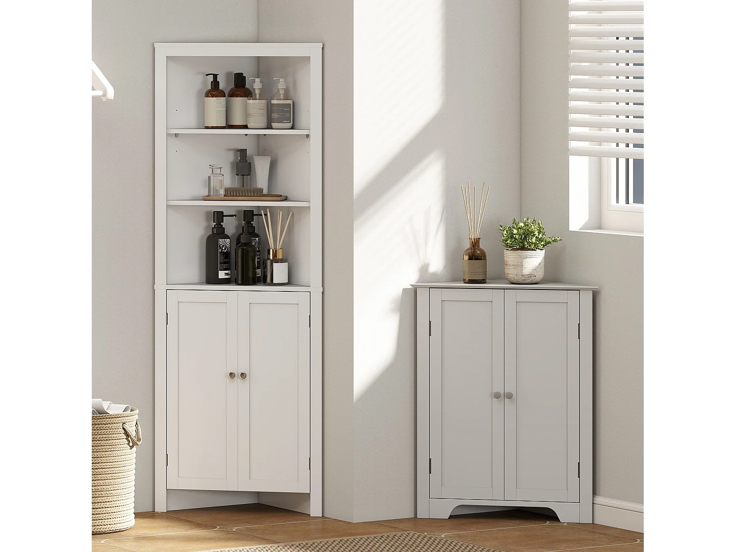 Zipaka Corner Bathroom Cabinet Antique White Recessed Door Adjustable Shelves