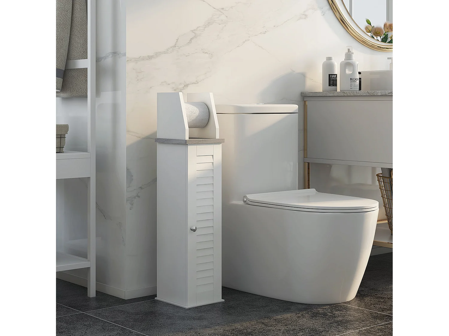 Semike Slim Bathroom Floor Cabinet with Toilet Roll Holder and Adjustable Shelf White Grey