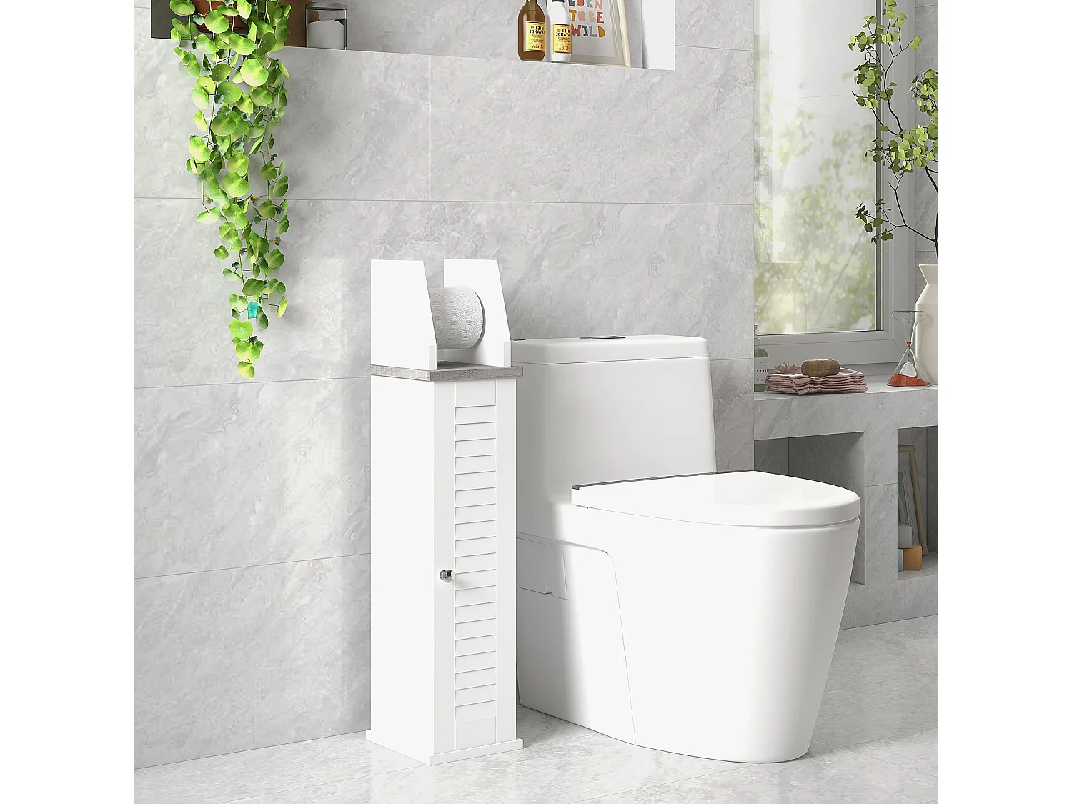 Semike Slim Bathroom Floor Cabinet with Toilet Roll Holder and Adjustable Shelf White Grey