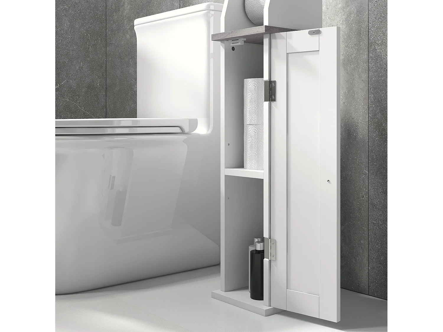 Semike Slim Bathroom Floor Cabinet with Toilet Roll Holder and Adjustable Shelf White Grey