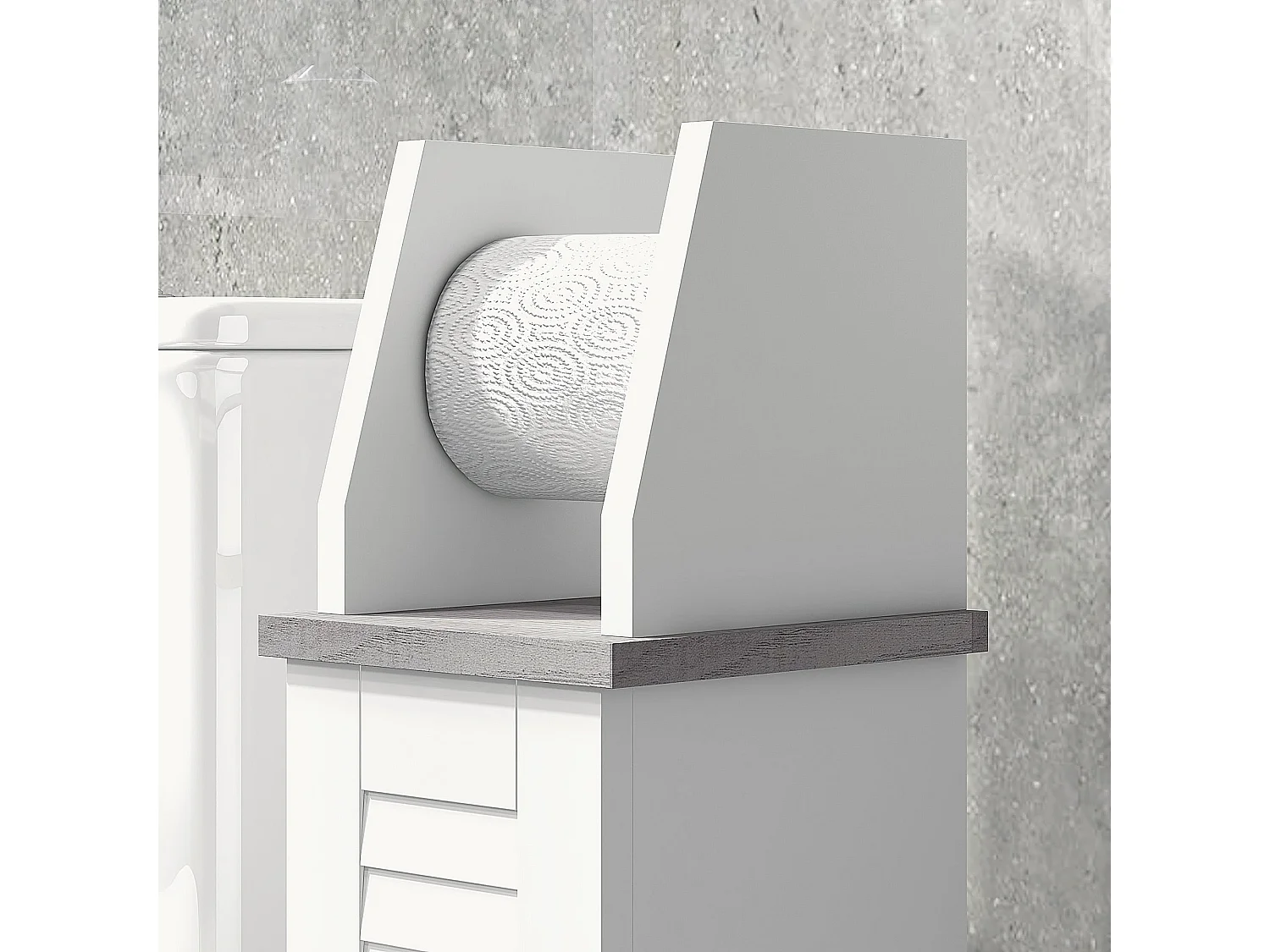 Semike Slim Bathroom Floor Cabinet with Toilet Roll Holder and Adjustable Shelf White Grey