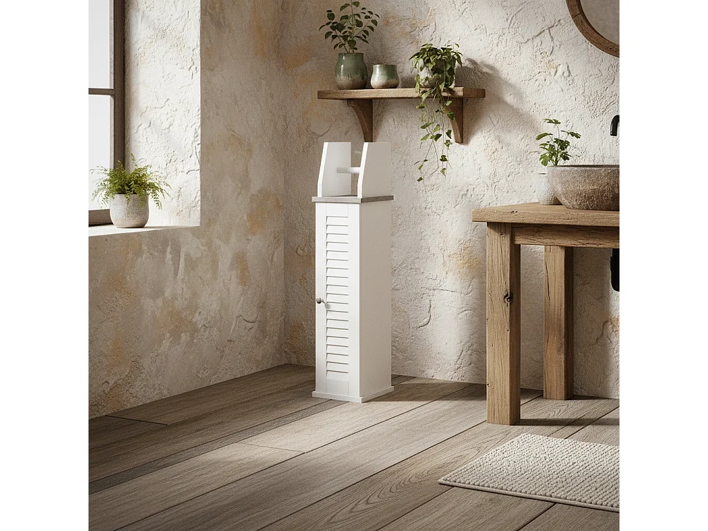 Semike Slim Bathroom Floor Cabinet with Toilet Roll Holder and Adjustable Shelf White Grey