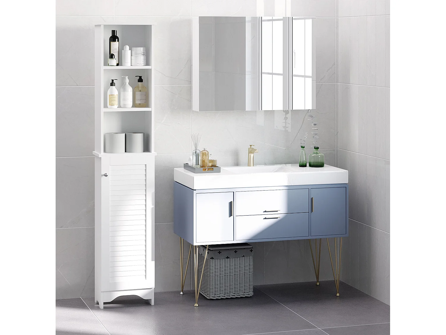 Nesaco Slim Tall Bathroom Storage Cabinet with Shutter Door and Adjustable Shelves White