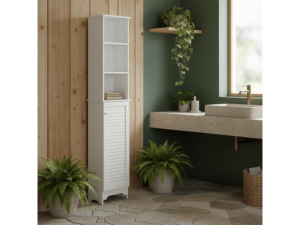 Nesaco Slim Tall Bathroom Storage Cabinet with Shutter Door and Adjustable Shelves White