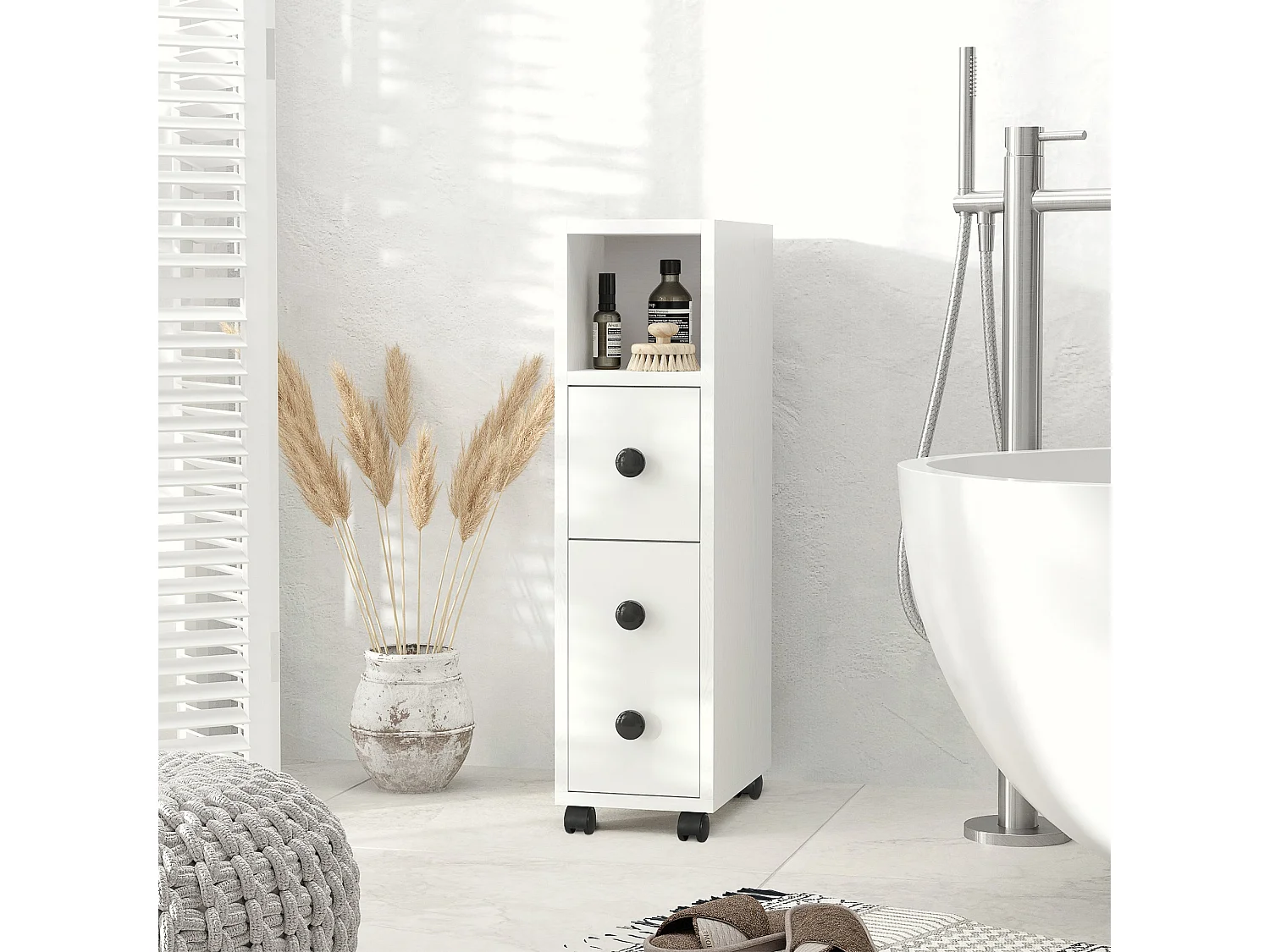 Toveka Slimline Bathroom Storage Cabinet White Mobile Narrow Unit with Drawer and Open Shelves