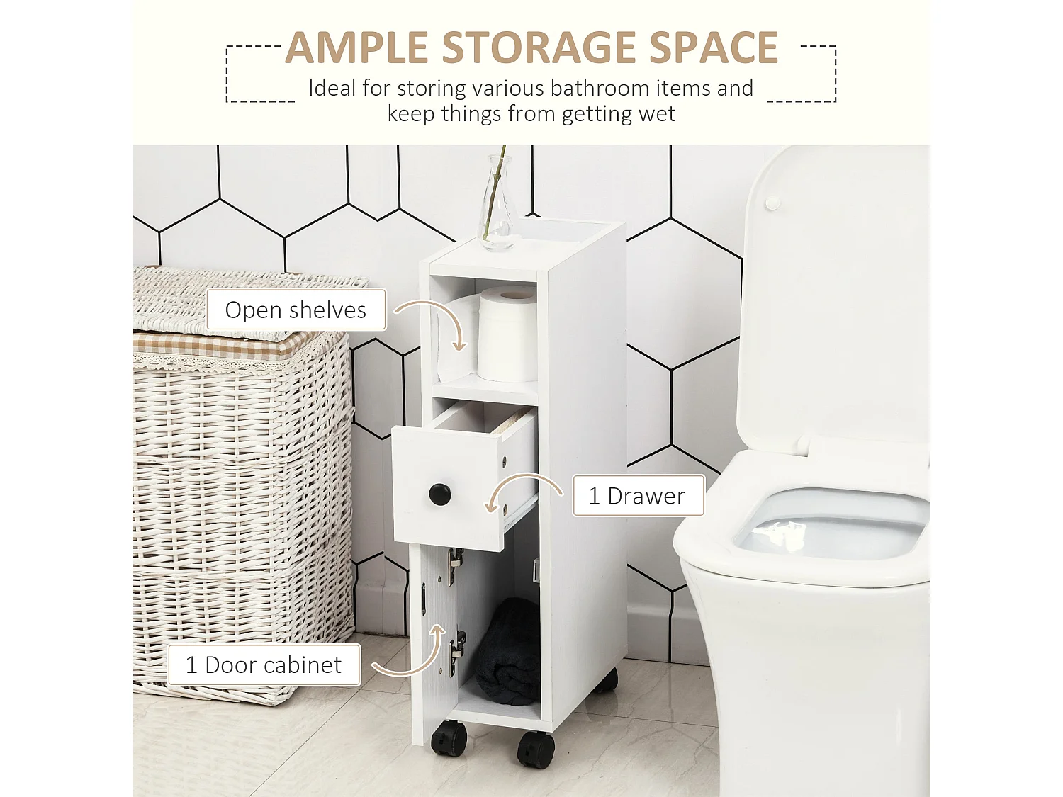 Toveka Slimline Bathroom Storage Cabinet White Mobile Narrow Unit with Drawer and Open Shelves