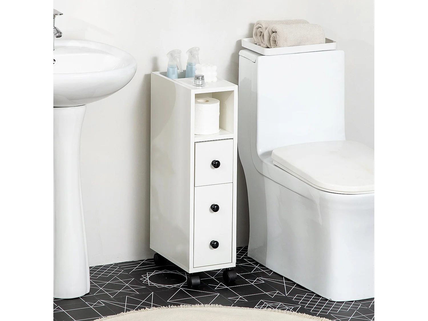 Toveka Slimline Bathroom Storage Cabinet White Mobile Narrow Unit with Drawer and Open Shelves