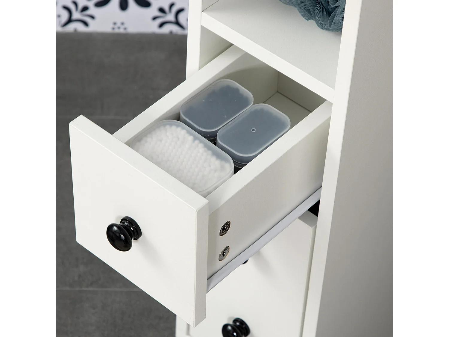 Toveka Slimline Bathroom Storage Cabinet White Mobile Narrow Unit with Drawer and Open Shelves