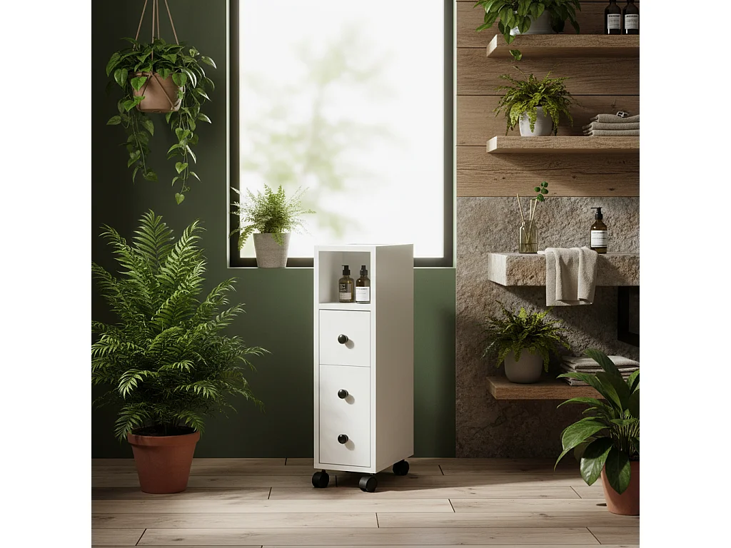 Toveka Slimline Bathroom Storage Cabinet White Mobile Narrow Unit with Drawer and Open Shelves