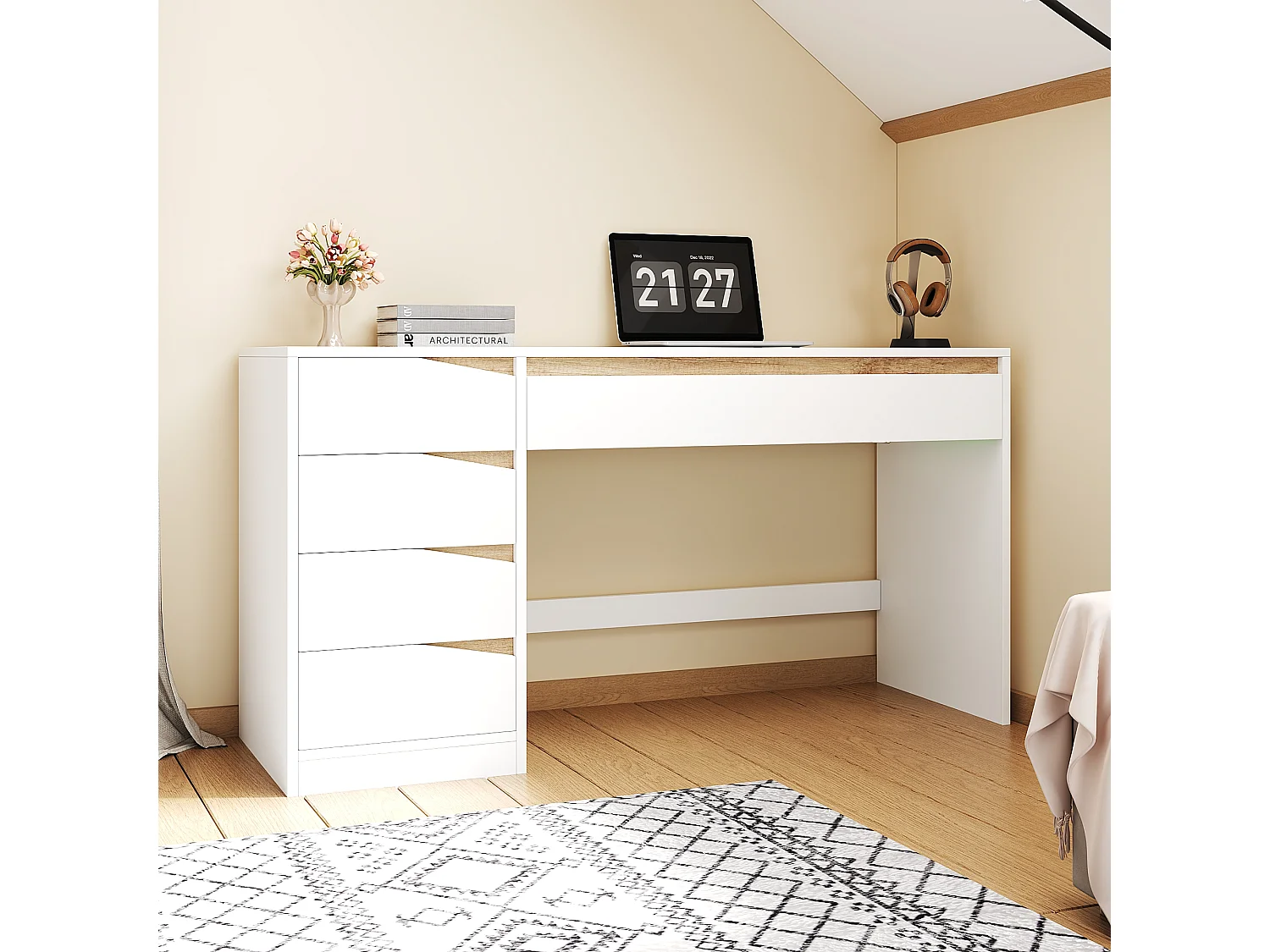 Bureau avec 5 tiroirs 140x50x78cm cm - Grand plateau - Coiffeuse avec rangements - Panneaux de particules - Blanc et naturel