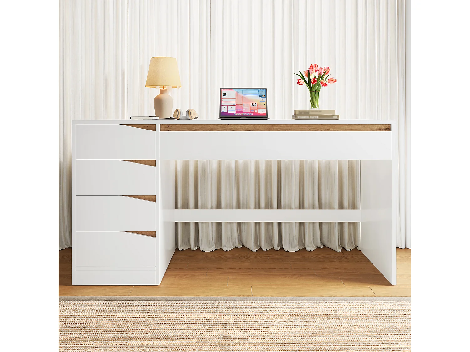Bureau avec 5 tiroirs 140x50x78cm cm - Grand plateau - Coiffeuse avec rangements - Panneaux de particules - Blanc et naturel